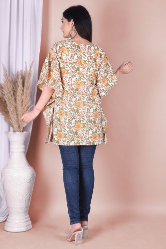 Green and Off-White Floral Printed Kaftan Cotton Top