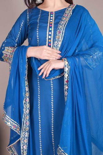 Blue Ethnic Kurta with Palazzo Pants and a Dupatta with Heavy Embroidery