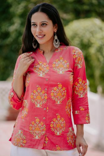 Peach Floral Printed Cotton Ethnic Top