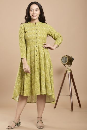 Green Zig-zag Printed Flared A-Line Cotton Kurta