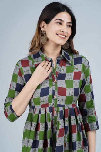 Multi-Coloured Checkered Printed High-Low Cotton Top 