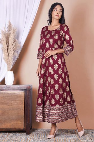Maroon and Golden Printed Long Rayon Kurta