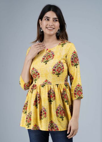 Mustard Ethnic Printed Pleated Rayon Top