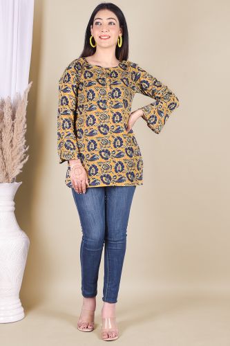 Mustard with Navy Blue Print Ethnic Cotton Top