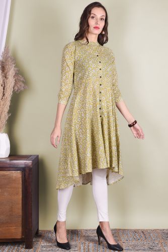 Green Leaf Printed Flared A-Line Cotton Kurta