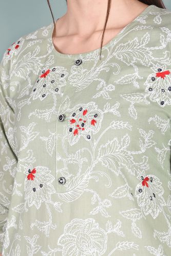 Handwork Pista Green Cotton Kurta with Red Printed Sharara