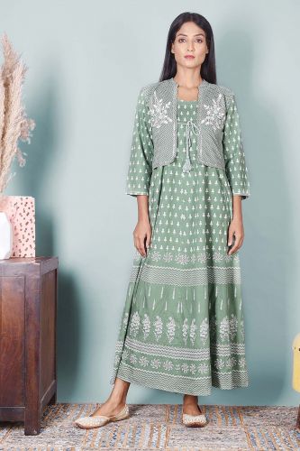 Light Green Printed Rayon Kurta With Embroidered Jacket