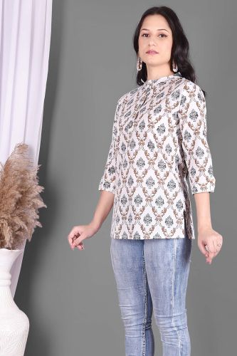 White and Golden Printed Cotton Top