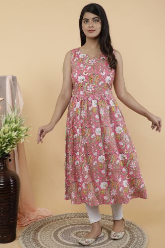 Premium Cotton Printed Sleeveless Pink A-Line Kurta