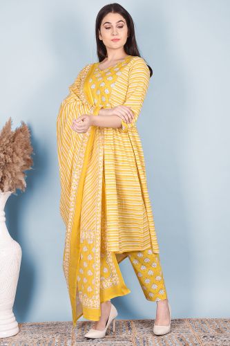 Cotton A-Line Yellow Kurta Eith Striped Palazzo