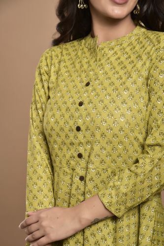 Green High-Low Printed Cotton A-Line Kurta
