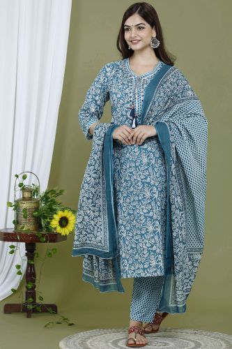 Teal Color Cotton Kurta With Pant & Dupatta