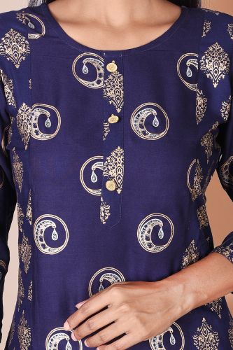 Navy Blue and Gold Printed A-Line Rayon Kurta