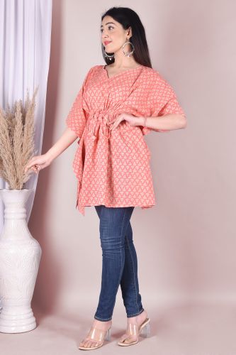 Peach Ethnic Printed Cotton Kaftan