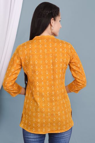 Mustard Ethnic Printed Pleated Cotton Top