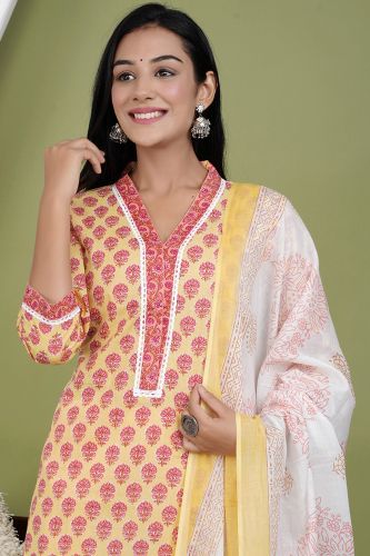 Yellow and White Cotton Printed Straight-Fit Kurta Palazzo with Dupatta