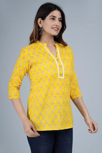 Mustard Floral Printed Cotton Top