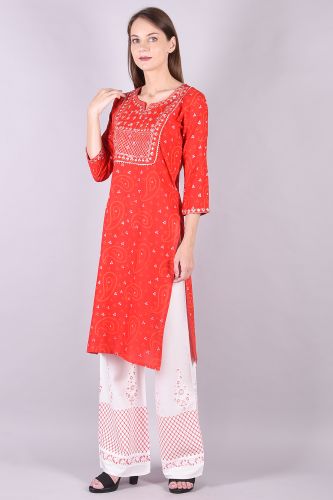 Embroidered Red and White Bandhani Kurta Palazzo Set