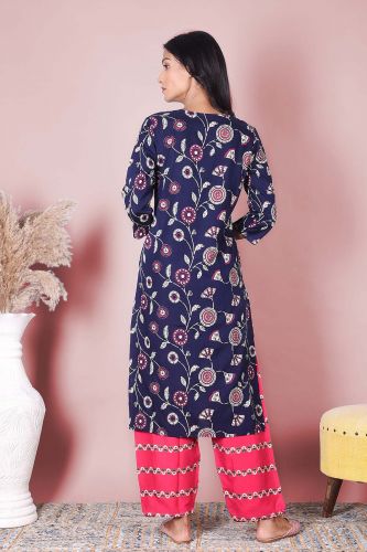 Blue & Pink Printed Kurta With Palazzo Set