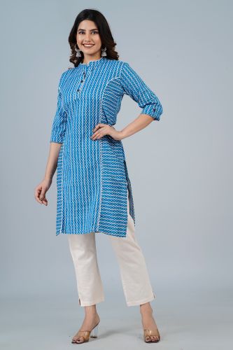 Blue Printed Straight Cotton Kurta