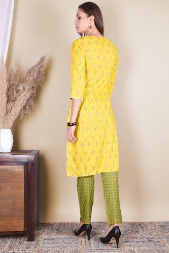 Yellow Printed Rayon Kurta With Green Printed Pants