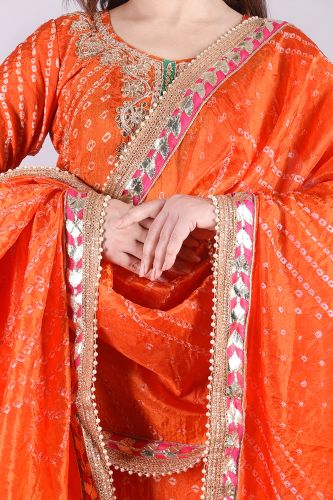 Cotton Silk Orange Bandhej Heavy Embroidery Kurta with Trouser and Dupatta