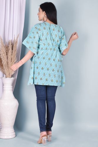 Light Blue Printed Kaftan Cotton Top