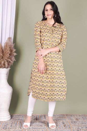 Yellow Printed Cotton Straight Kurta