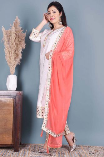 White Ethnic Kurta With Heavy Embroidery With Palazzo & Dupatta