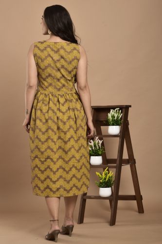 Mustard and Brown Printed A-Line Casual Sleeveless Kurti