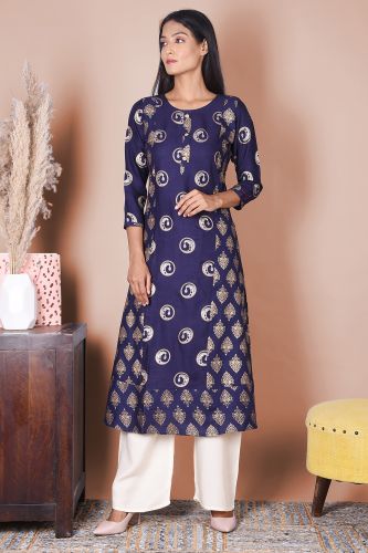 Navy Blue And Gold printed A-Line Rayon Kurta