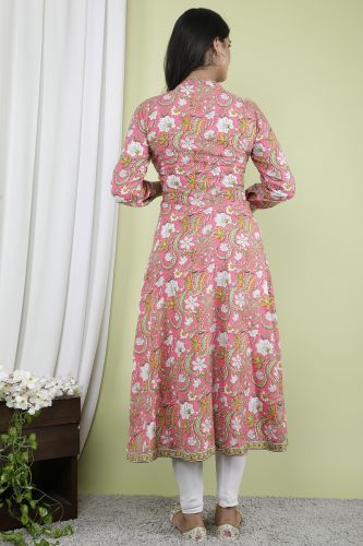 Pink Floral Printed A-Line Flared Cotton Kurta