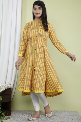 Yellow Stripes Printed A-Line Flared Cotton Kurta