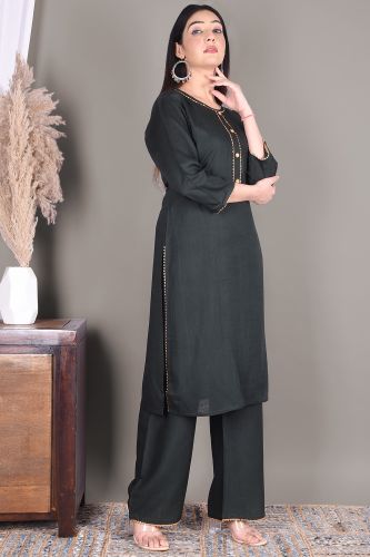 Solid Bottle Green Rayon Kurta with Solid Bottle Green Palazzo Set