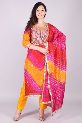 Cotton Silk Bandhej Heavy Embroidered Kurta with Trouser and Dupatta