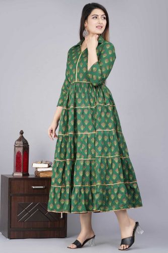 Green & Gold Printed Cotton Anarkali Kurta