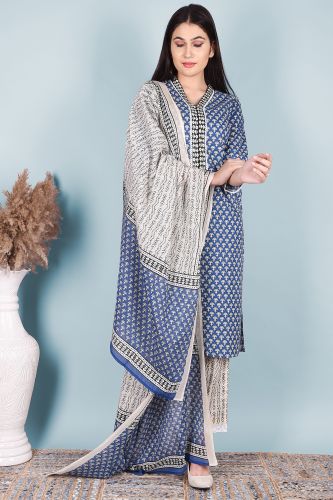 Blue A-Line Cotton Kurta With Lace Work With Printed Pant And Dupatta