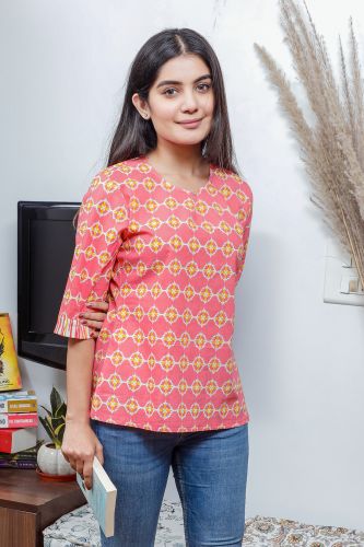 Pink Printed Casual Cotton Top