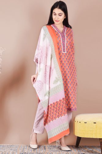 Peach and White Cotton Printed Straight-Fit Kurta Palazzo with Dupatta