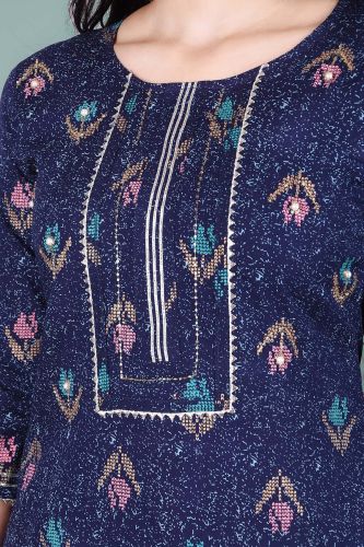 Navy Blue Printed Kurta with Peach Printed Palazzo Pants
