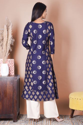 Navy Blue and Gold Printed A-Line Rayon Kurta