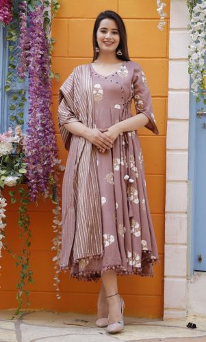 Peach Floral Printed Anarkali Kurta With Striped Dupatta