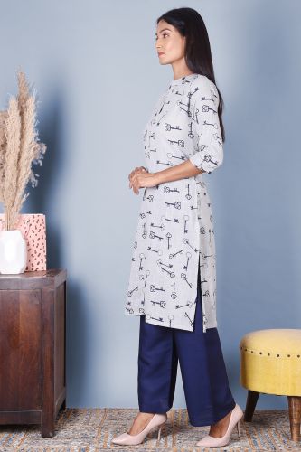 Grey & Blue Printed A-Line Kurta