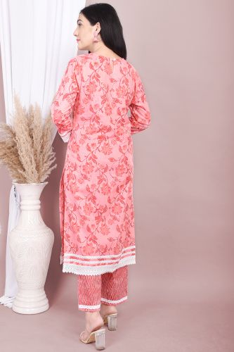 Premium Cotton Pink Kurta with Lace Work and Printed Palazzo Pant with White Dupatta