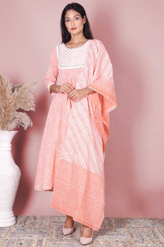 Peach Printed Anarkali Cotton Kurta With Printed Palazzo & Dupatta