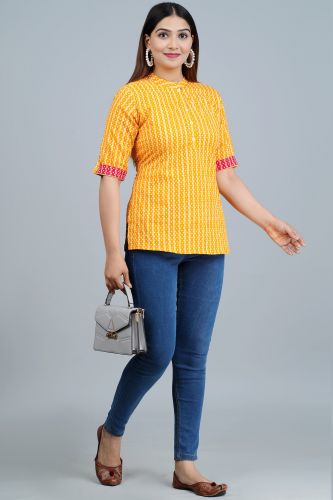 Yellow Striped Printed Cotton Top