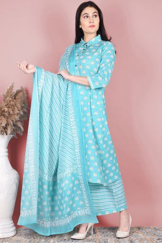 Sea Blue Printed Straight-Fit Cotton Kurta with Striped Palazzo & Dupatta