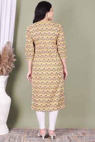 Yellow Printed Cotton Straight Kurta