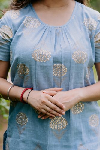 Blue and Golden Printed Cotton Ethnic Top