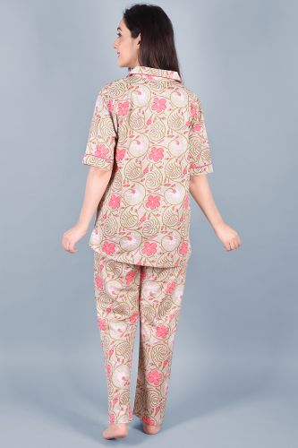 Beige Floral Printed Cotton Night Suit